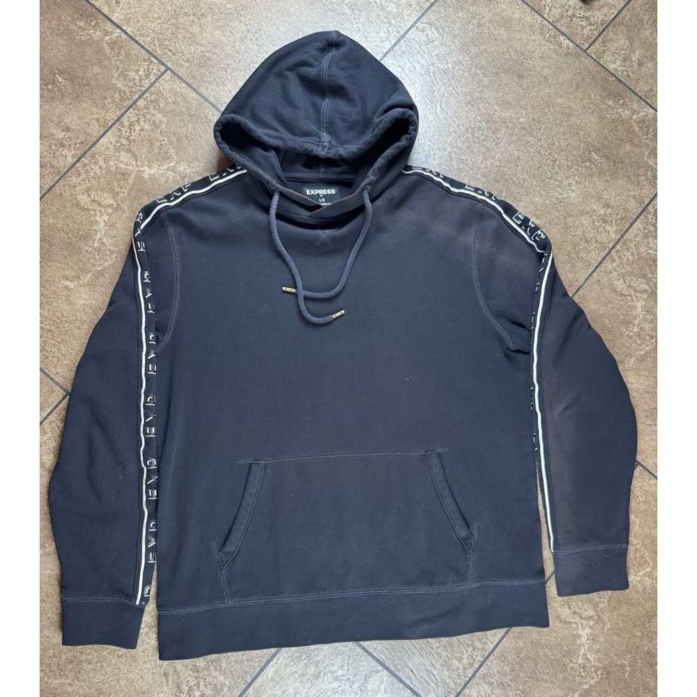 Vintage Express Black Hoodie Mens Large Y2K Graphic EXP Arm Length  Pullover